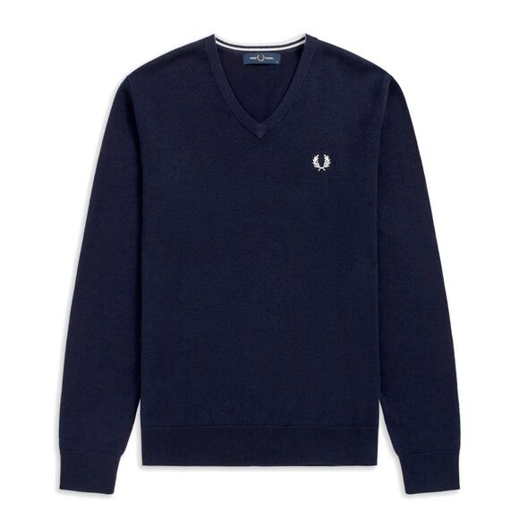 Fred Perry Classic V-Neck Sweater Navy Size XL Merino Wool Blend Ribbed Trims - Picture 1 of 7